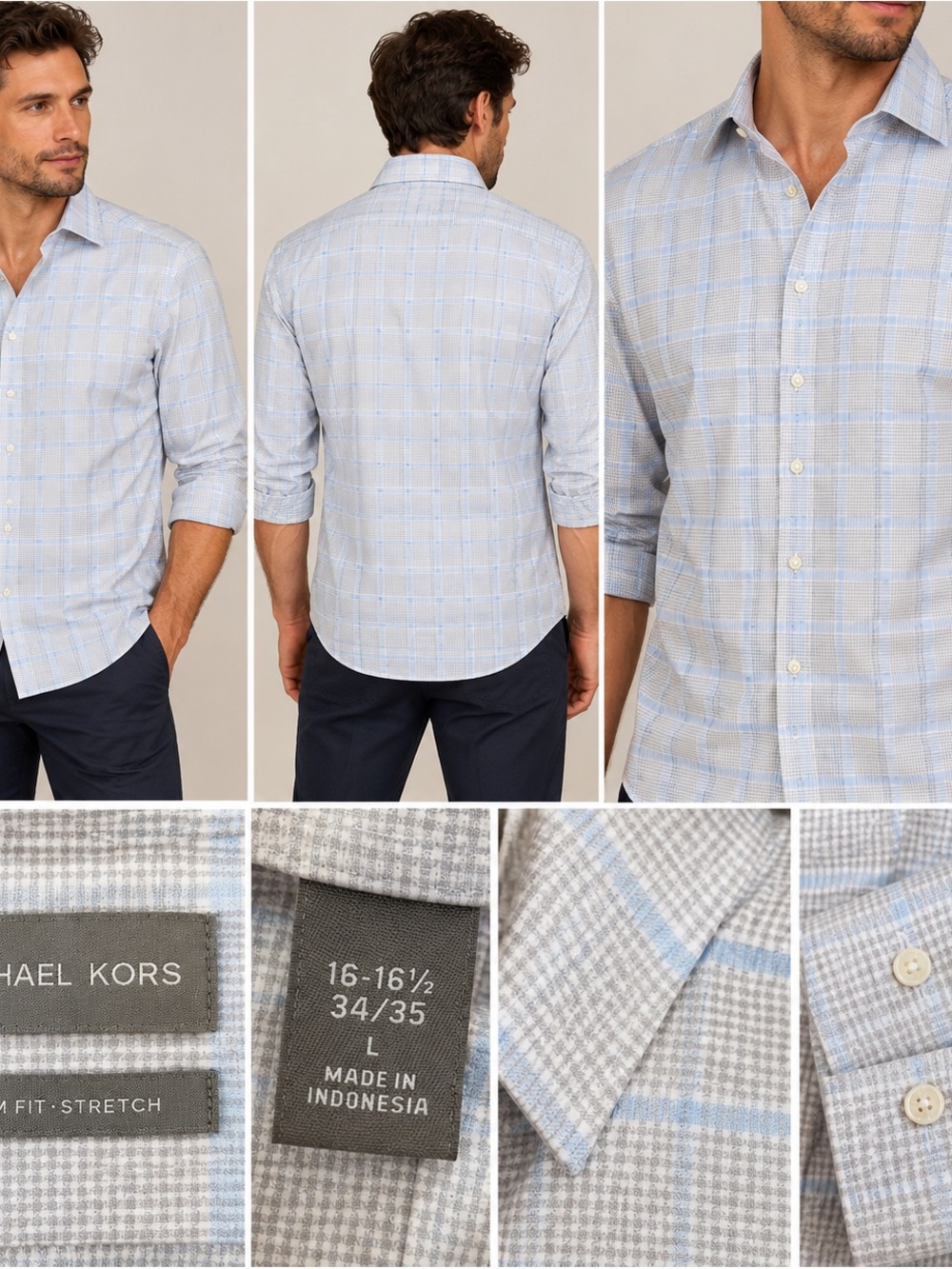 Michael Kors Light Blue and Gray Plaid Dress Shirt